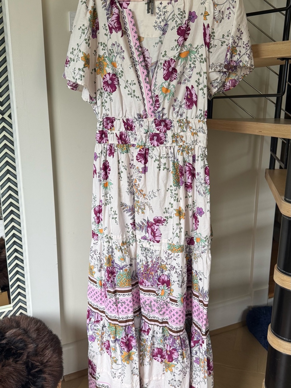 NWOT Anthropologie White Floral Dress with Purple & Green Accents